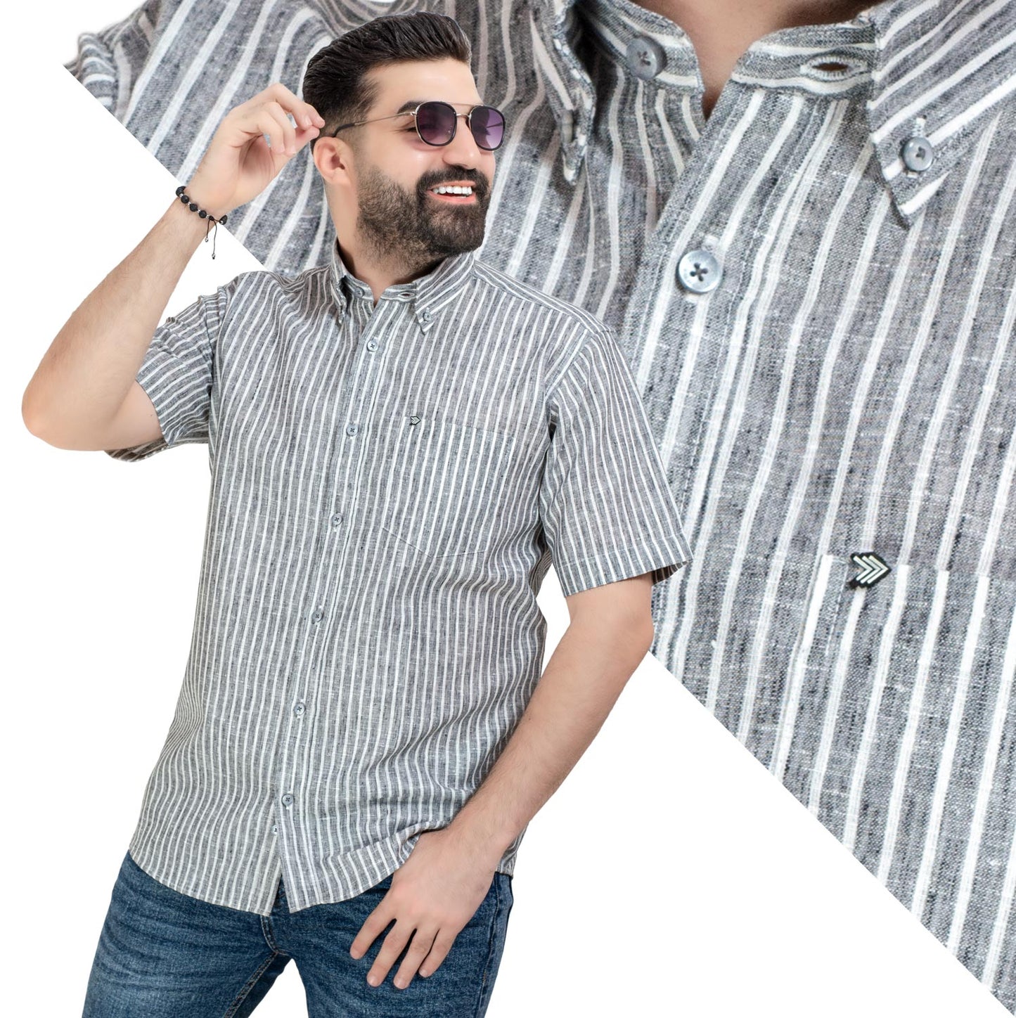 قميص نص كم كتان مقلم