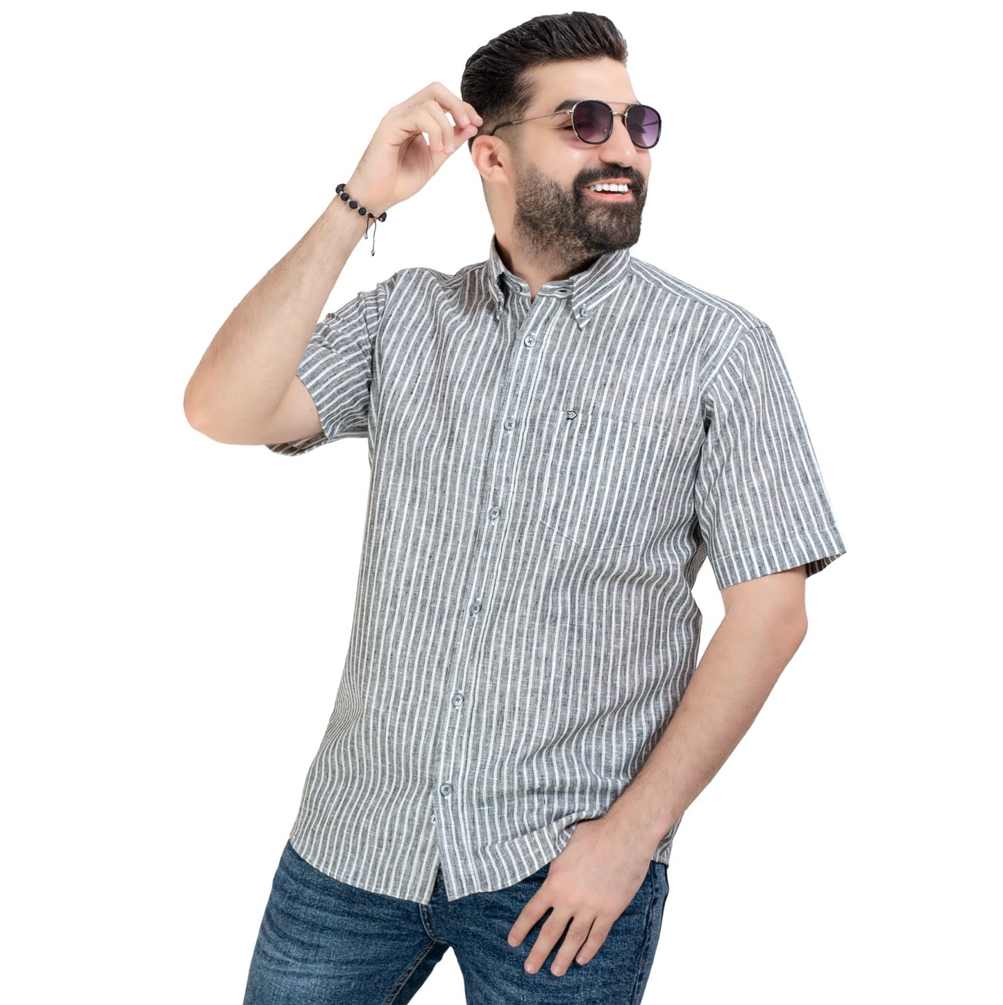 قميص نص كم كتان مقلم