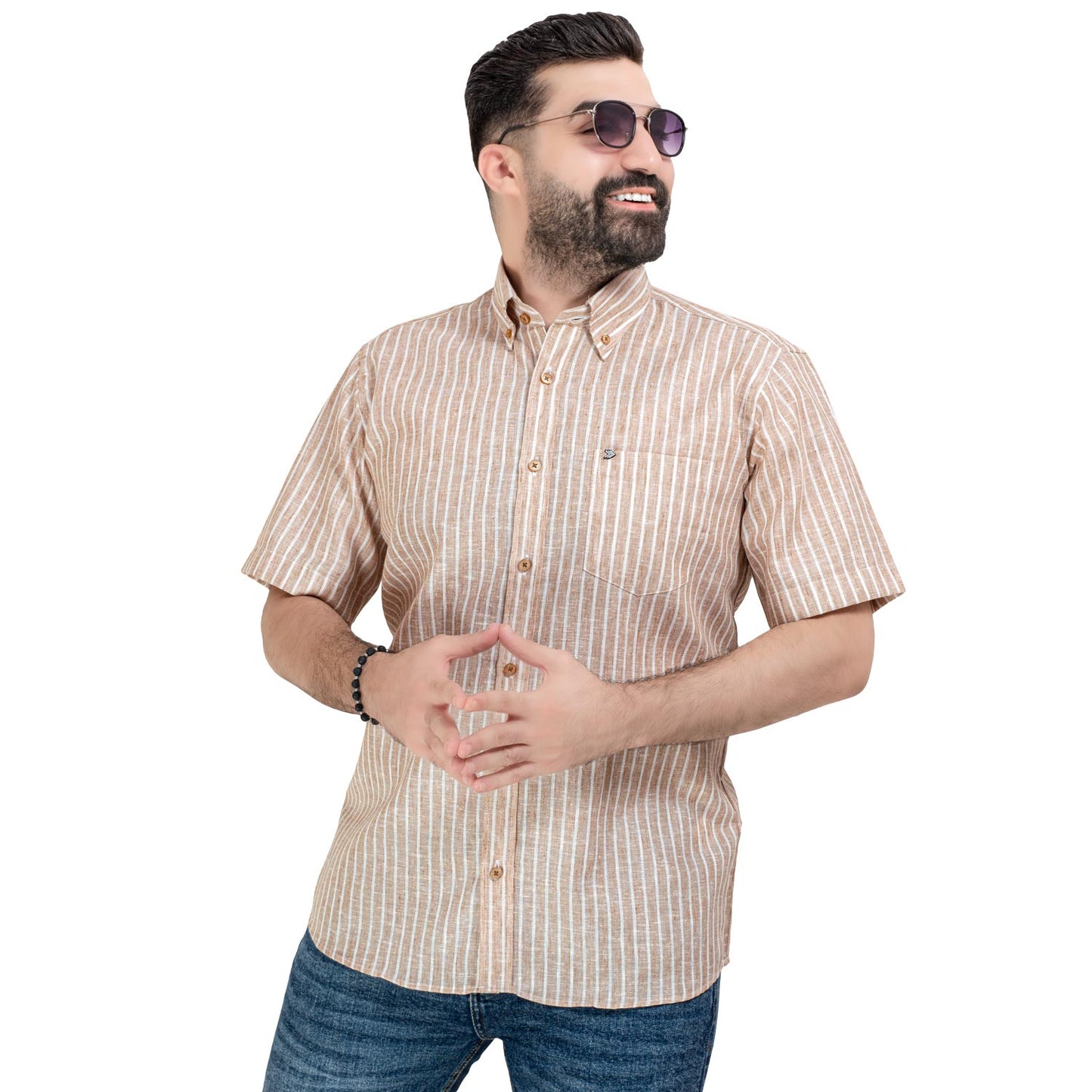 قميص نص كم كتان مقلم