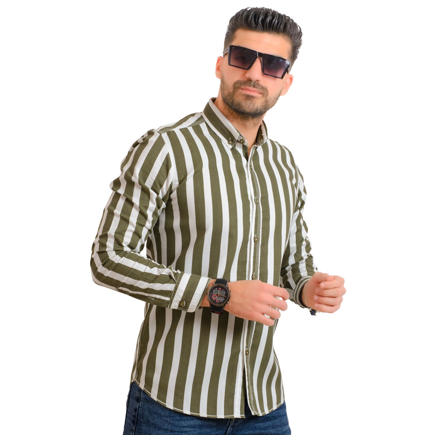 23GM-19-7-SH03-14-قميص مقلم قطن باكمام طويله Long-Sleeve-Shirt, Striped Shirt, قميص كم طويل, قميص مقلم, مقلم رجالي, Pukkastyle
