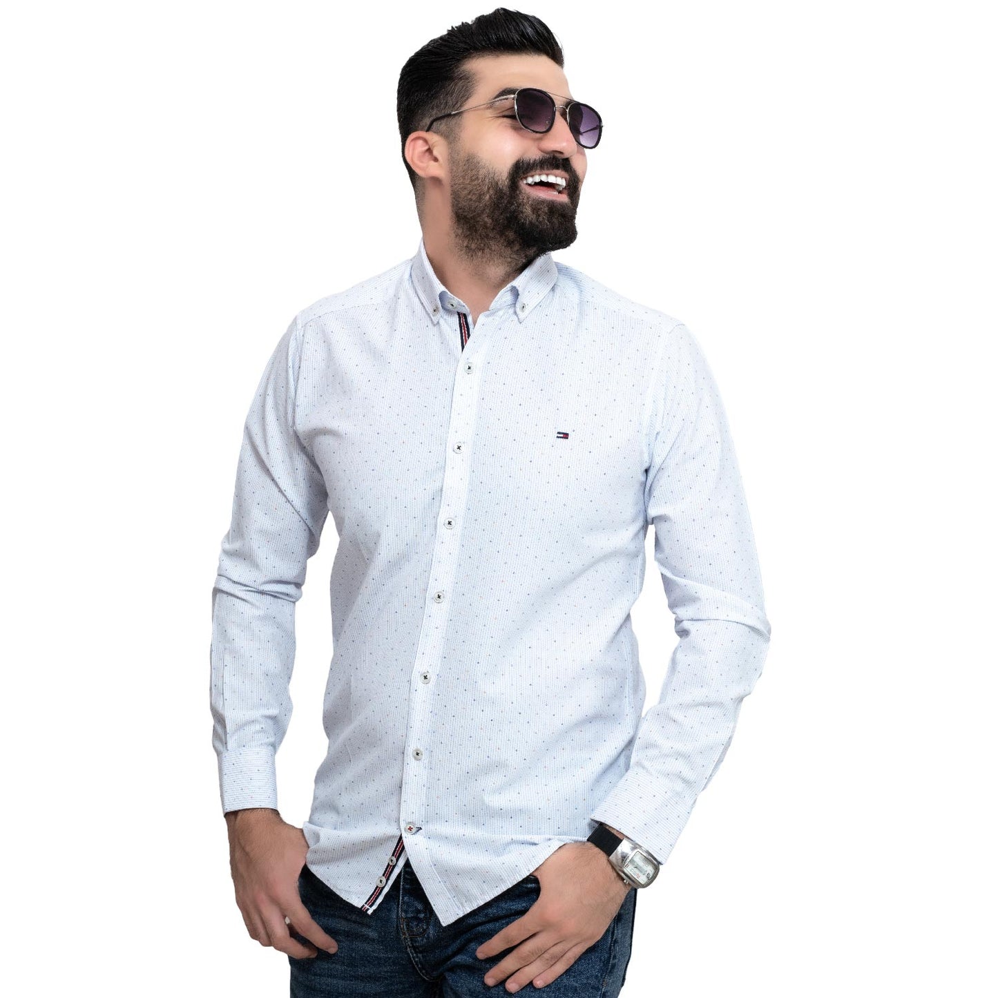 Men's clothing 24GM-28-7-23806-17-قميص باكمام طويله - خام قطن منقوش - لون أبيض linen, Long-Sleeve-Shirt, Plain Shirt, ساده, قميص ساده, قميص كم طويل, كتان  Pukkastyle ملابس رجالي