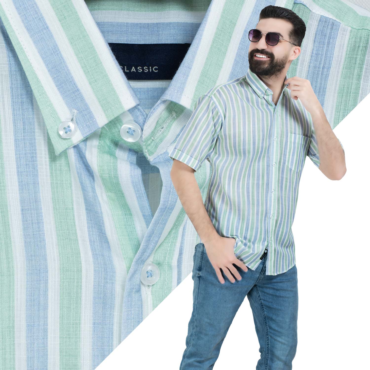 قميص نص كم -  ["Half-Sleeve","Half-Sleeve-Shirt","linen","Men's-Shirt","\u0642\u0637\u0646","\u0642\u0645\u064a\u0635 \u0646\u0635 \u0643\u0645","\u0642\u0645\u064a\u0635-\u0631\u062c\u0627\u0644\u064a","\u0643\u062a\u0627\u0646"] - 26SM-40-10-2603-قميص نص كم كتان مقلم  - Pukkastyle تسوق ملابس رجالي اونلاين - Online shopping Men's Clothes