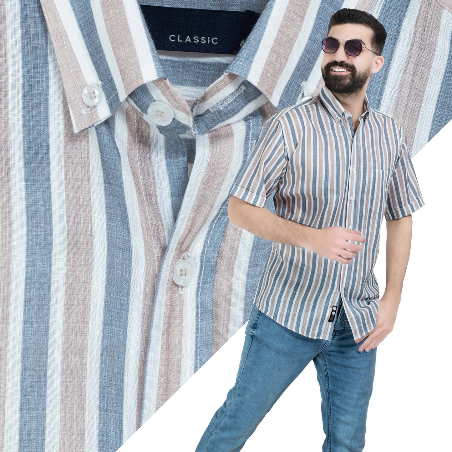 قميص نص كم -  ["Half-Sleeve","Half-Sleeve-Shirt","linen","Men's-Shirt","\u0642\u0637\u0646","\u0642\u0645\u064a\u0635 \u0646\u0635 \u0643\u0645","\u0642\u0645\u064a\u0635-\u0631\u062c\u0627\u0644\u064a","\u0643\u062a\u0627\u0646"] - 26SM-40-10-2603-قميص نص كم كتان مقلم  - Pukkastyle تسوق ملابس رجالي اونلاين - Online shopping Men's Clothes