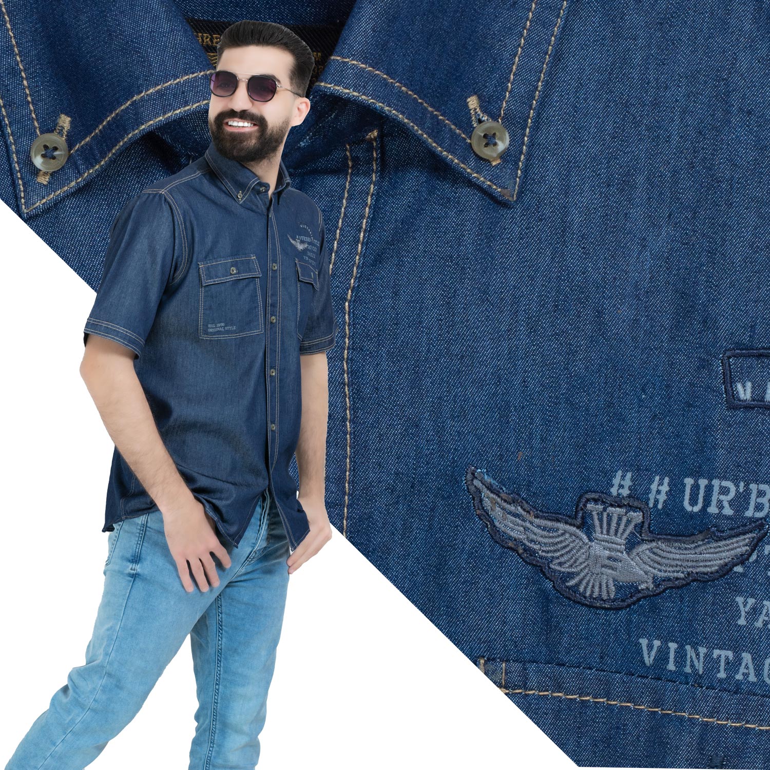 قميص نص كم -  ["Half-Sleeve","Half-Sleeve-Shirt","linen","Men's-Shirt","\u0642\u0637\u0646","\u0642\u0645\u064a\u0635 \u0646\u0635 \u0643\u0645","\u0642\u0645\u064a\u0635-\u0631\u062c\u0627\u0644\u064a","\u0643\u062a\u0627\u0646"] - 26SM-44-10-705-قميص نص كم جينز  - Pukkastyle تسوق ملابس رجالي اونلاين - Online shopping Men's Clothes