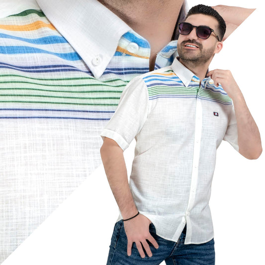 قميص نص كم -  ["Half-Sleeve","Half-Sleeve-Shirt","linen","Men's-Shirt","\u0642\u0637\u0646","\u0642\u0645\u064a\u0635 \u0646\u0635 \u0643\u0645","\u0642\u0645\u064a\u0635-\u0631\u062c\u0627\u0644\u064a","\u0643\u062a\u0627\u0646"] - 25SM-44-10-231-قميص كتان مقلم نص كم  - Pukkastyle تسوق ملابس رجالي اونلاين - Online shopping Men's Clothes