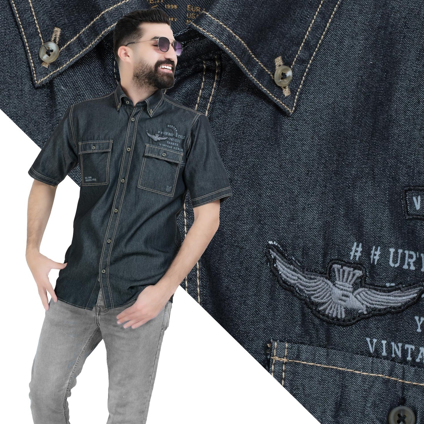 قميص نص كم -  ["Half-Sleeve","Half-Sleeve-Shirt","linen","Men's-Shirt","\u0642\u0637\u0646","\u0642\u0645\u064a\u0635 \u0646\u0635 \u0643\u0645","\u0642\u0645\u064a\u0635-\u0631\u062c\u0627\u0644\u064a","\u0643\u062a\u0627\u0646"] - 26SM-44-10-705-قميص نص كم جينز  - Pukkastyle تسوق ملابس رجالي اونلاين - Online shopping Men's Clothes