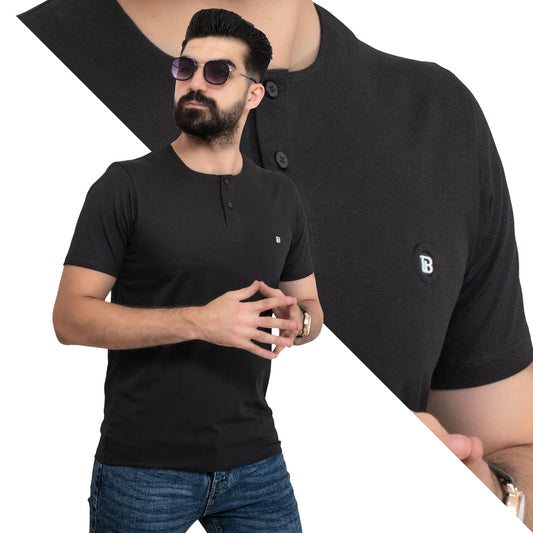 Men's clothing 24SM-19-9-730-1-تيشيرت عبايه قطن سنجل ليكرا – لون أسود Cotton T-shirt, تيشرت روند, تيشرت قطن  Pukkastyle ملابس رجالي