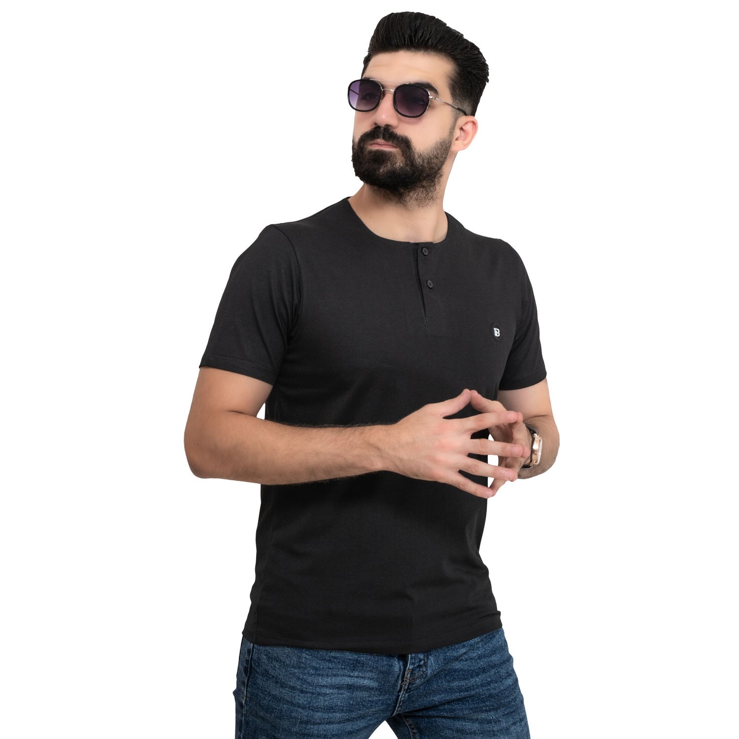 Men's clothing 24SM-19-9-730-1-تيشيرت عبايه قطن سنجل ليكرا – لون أسود Cotton T-shirt, تيشرت روند, تيشرت قطن  Pukkastyle ملابس رجالي