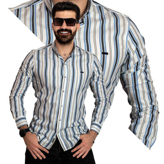 Men's clothing 23GM-14-7-153-16-قميص قطن مقلم باكمام طويله last, Long-Sleeve-Shirt, Striped Shirt, قميص كم طويل, قميص مقلم, مقلم  Pukkastyle ملابس رجالي