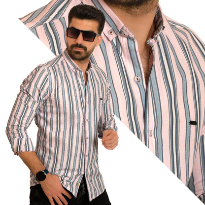 23GM-14-7-154-32-قميص قطن مقلم باكمام طويله Long-Sleeve-Shirt, Striped Shirt, قميص كم طويل, قميص مقلم, مقلم رجالي, Pukkastyle