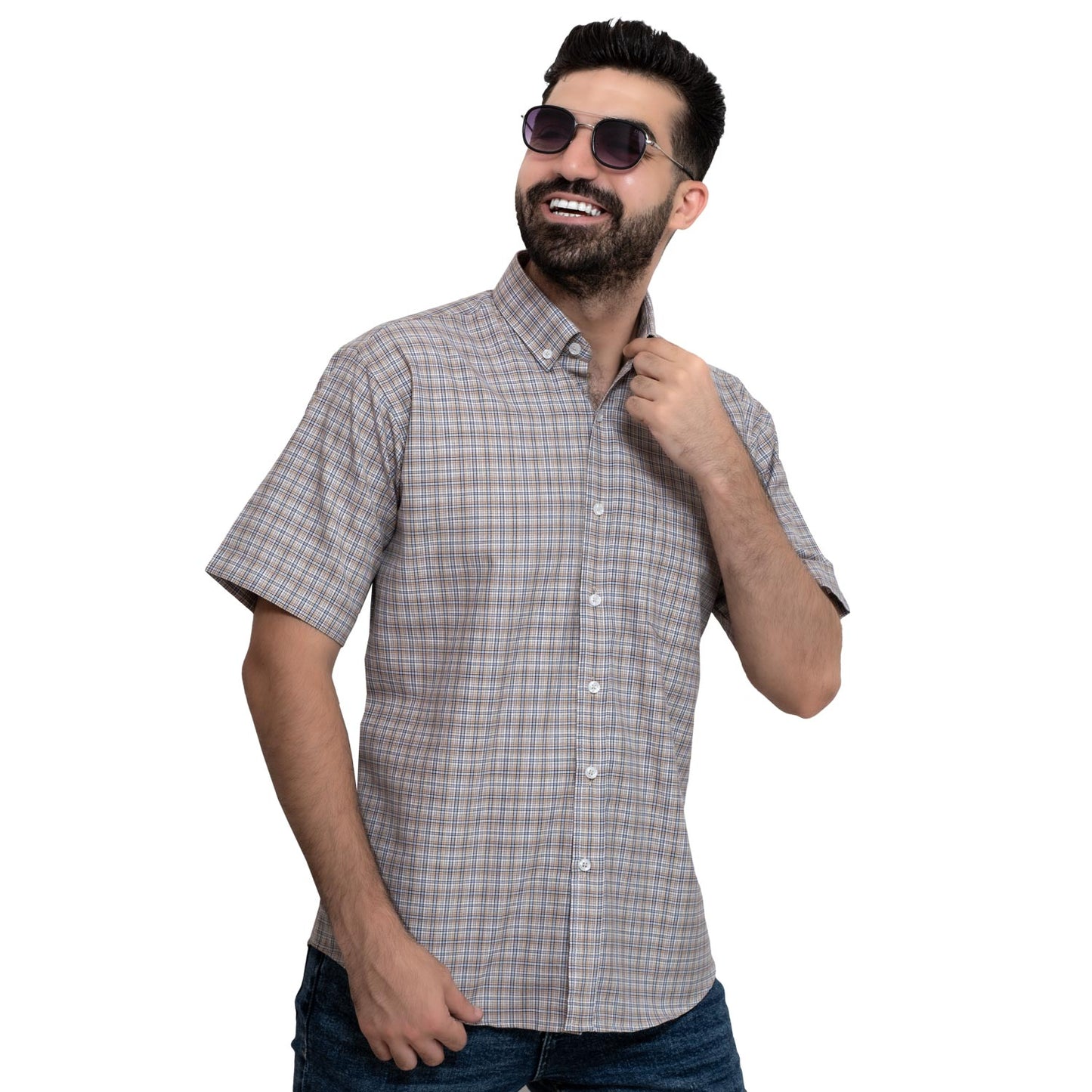 Men's clothing 24SM-40-10-D2407-20-قميص نص كم كاروه قطن – ريجولار Half-Sleeve-Shirt, قميص نص كم  Pukkastyle ملابس رجالي