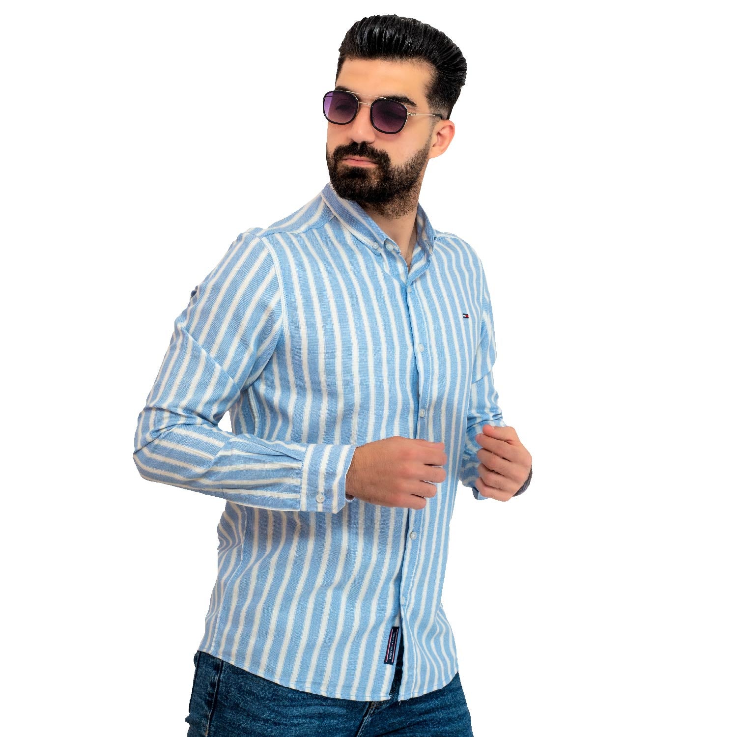 Men's clothing 24GM-7-7-100-27-قميص مقلم – قطن – بأكمام طويله linen, Long-Sleeve-Shirt, Plain Shirt, ساده, قميص ساده, قميص كم طويل, كتان  Pukkastyle ملابس رجالي