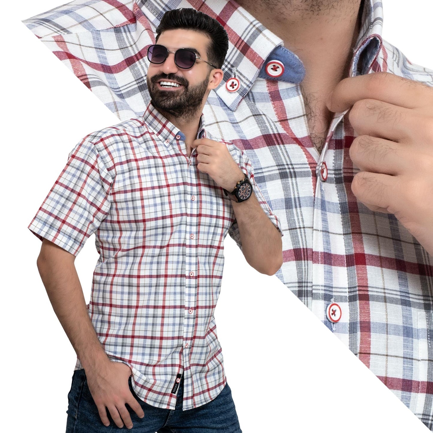 Men's clothing 24SM-40-10-R2401-5-قميص نص كم كاروه قطن – ريجولار Half-Sleeve-Shirt, قميص نص كم  Pukkastyle ملابس رجالي