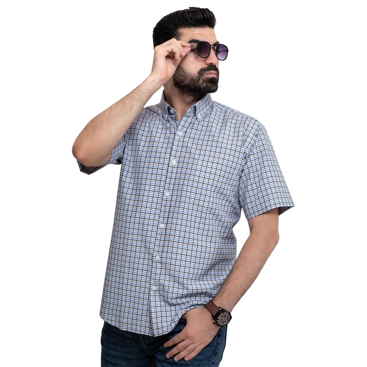 Men's clothing 24SM-40-10-D2404-27-قميص نص كم كاروه قطن – ريجولار Half-Sleeve-Shirt, قميص نص كم  Pukkastyle ملابس رجالي