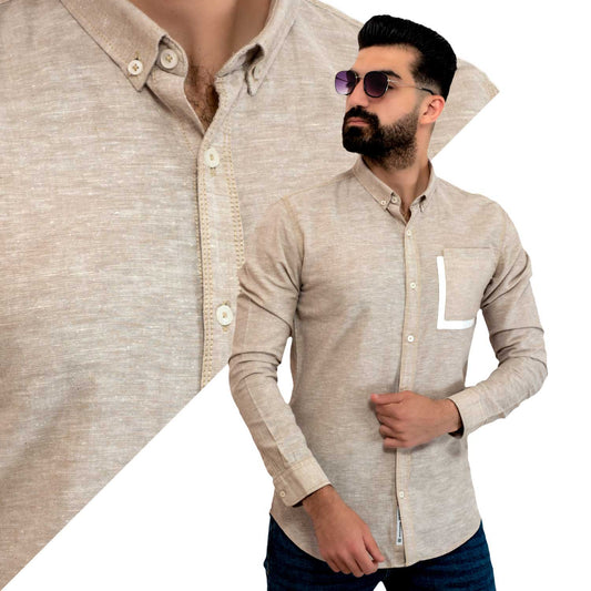 قميص كم طويل -  ["linen","Long-Sleeve-Shirt","Plain Shirt","\u0633\u0627\u062f\u0647","\u0642\u0645\u064a\u0635 \u0633\u0627\u062f\u0647","\u0642\u0645\u064a\u0635 \u0643\u0645 \u0637\u0648\u064a\u0644","\u0643\u062a\u0627\u0646"] - 24GM-7-7-24007-قميص ساده – كتان – بأكمام طويله  - Pukkastyle تسوق ملابس رجالي اونلاين - Online shopping Men's Clothes