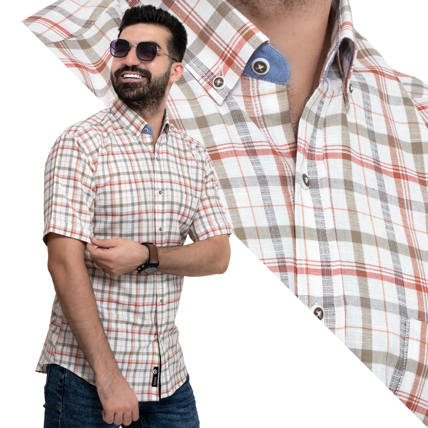 Men's clothing 24SM-40-10-R2402-40-قميص نص كم كاروه قطن – ريجولار Half-Sleeve-Shirt, قميص نص كم  Pukkastyle ملابس رجالي