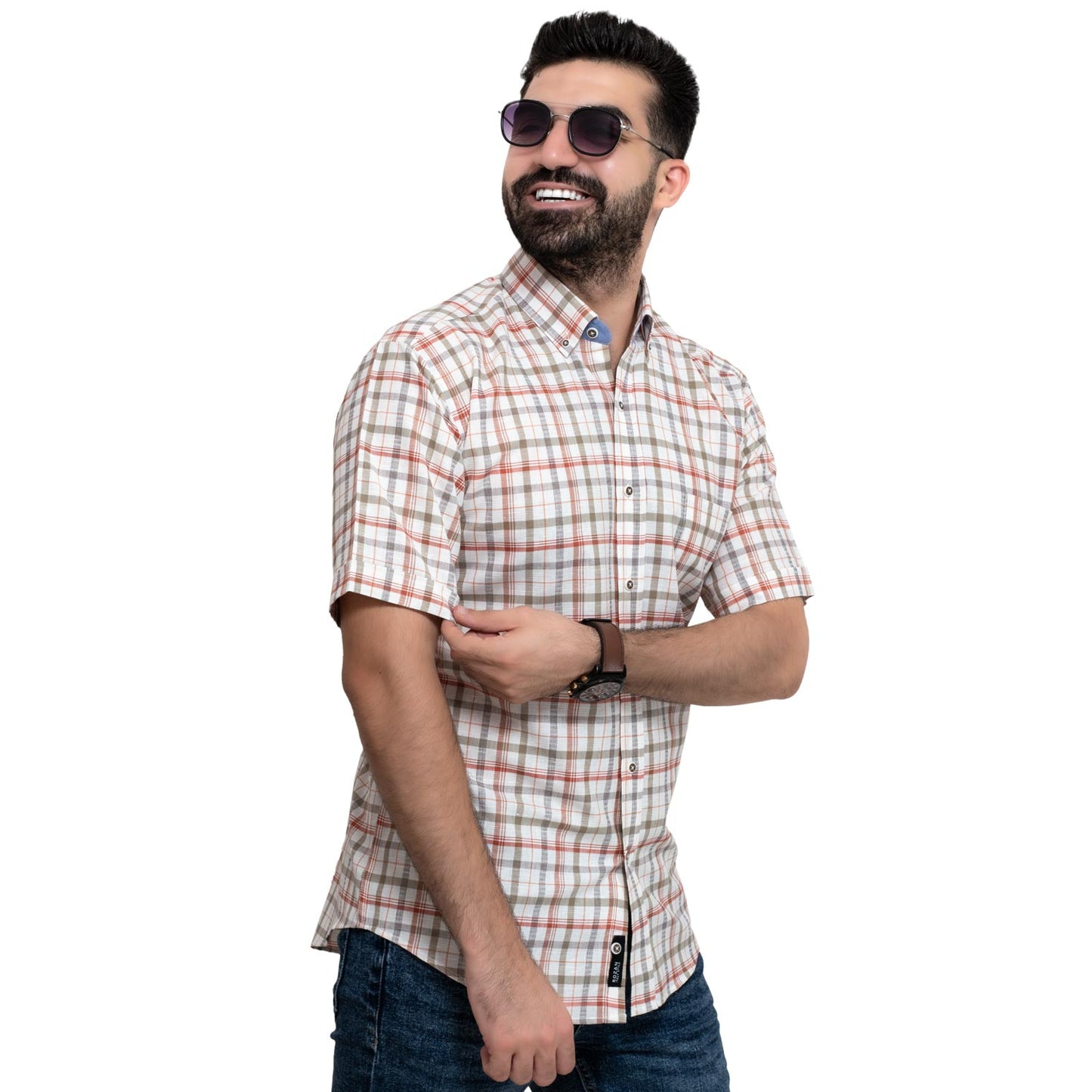 Men's clothing 24SM-40-10-R2402-40-قميص نص كم كاروه قطن – ريجولار Half-Sleeve-Shirt, قميص نص كم  Pukkastyle ملابس رجالي