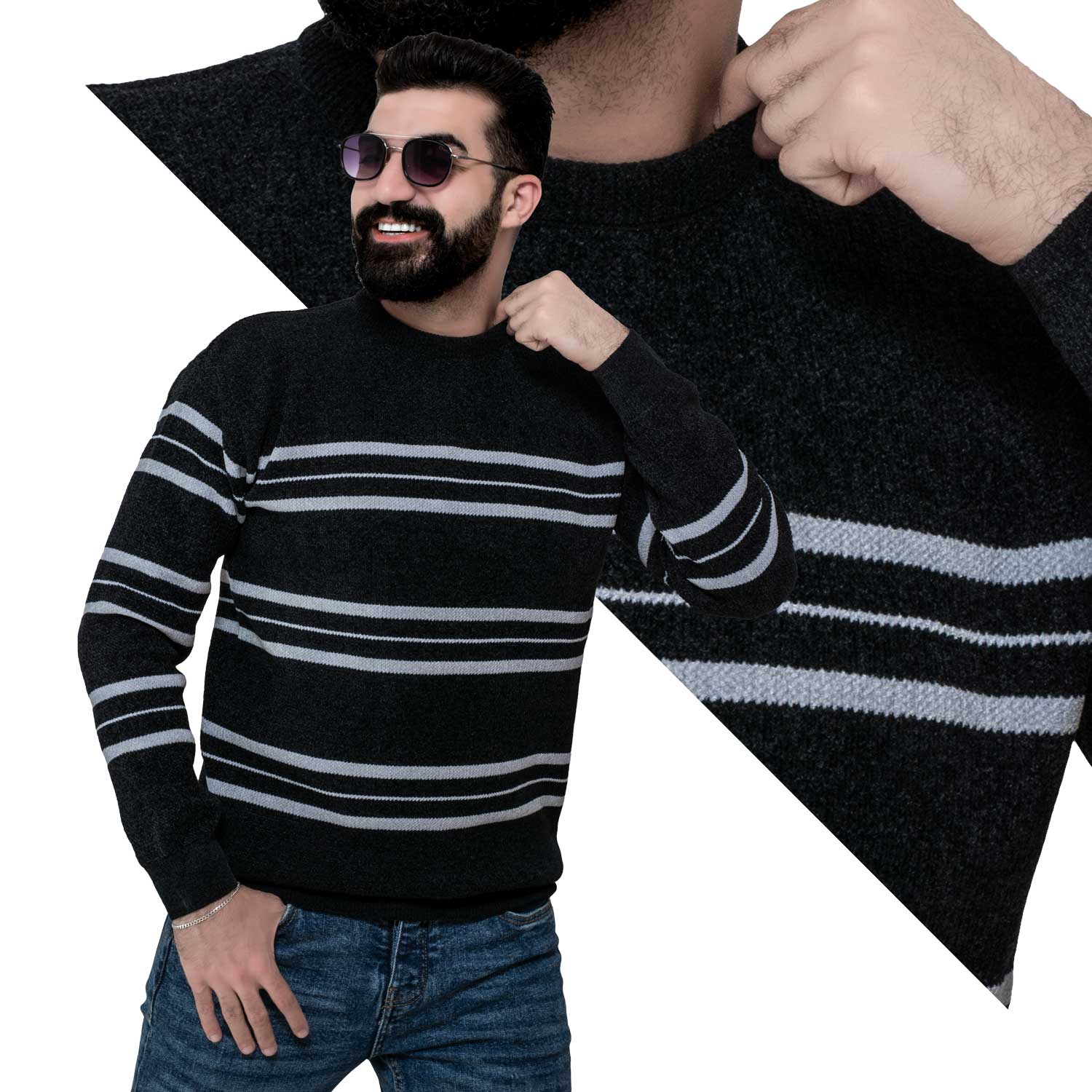 Men's clothing 24WM-45-4-218-1-بلوفر قطيفة روند مقلم Pullover Woll knitwear, بلوفر  Pukkastyle ملابس رجالي