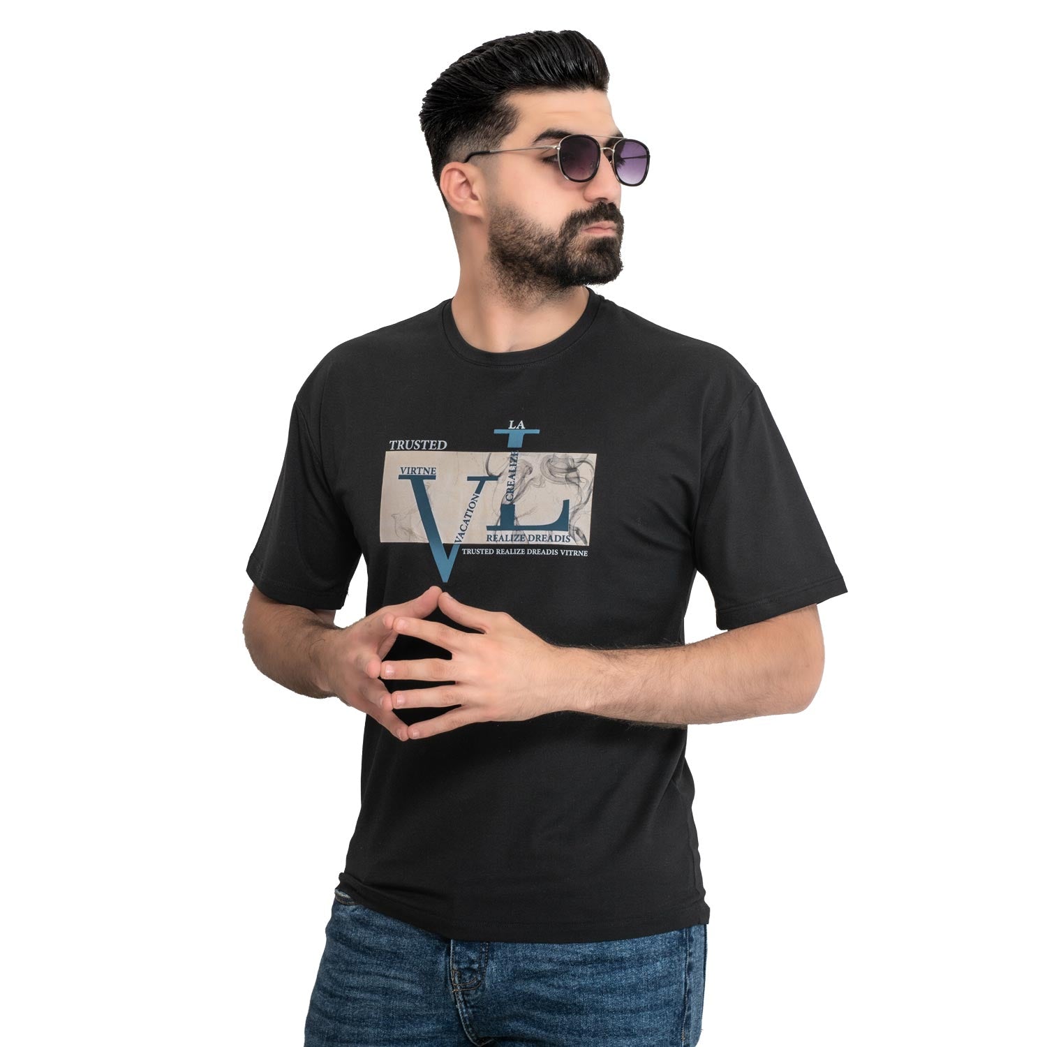 Men's clothing 24SM-19-9-747-1-تيشيرت أوفر سايز – قطن مستورد – أسود Cotton T-shirt, تيشرت روند, تيشرت قطن  Pukkastyle ملابس رجالي