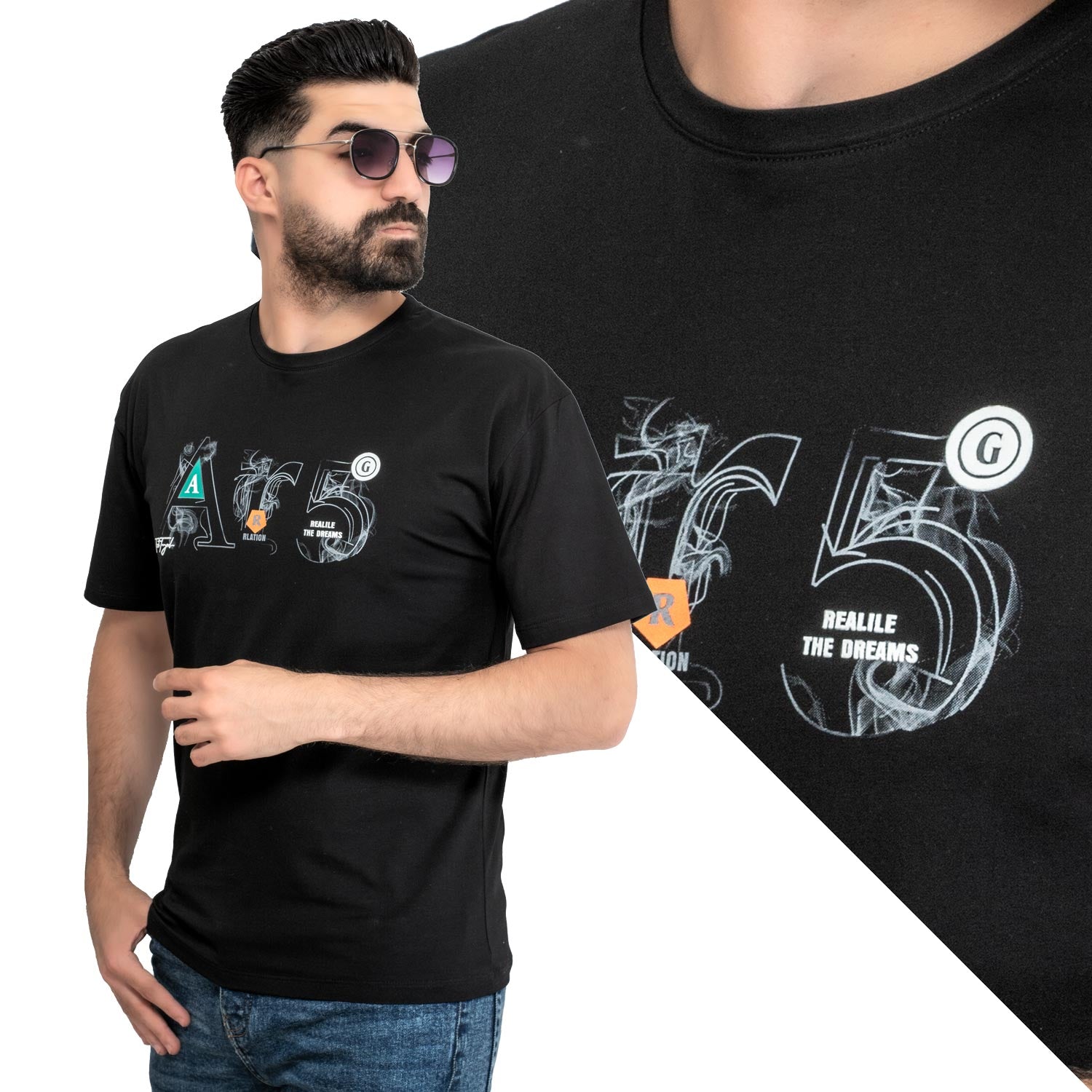 Men's clothing 24SM-19-9-744-1-تيشيرت أوفر سايز – قطن مستورد – أسود Cotton T-shirt, تيشرت روند, تيشرت قطن  Pukkastyle ملابس رجالي